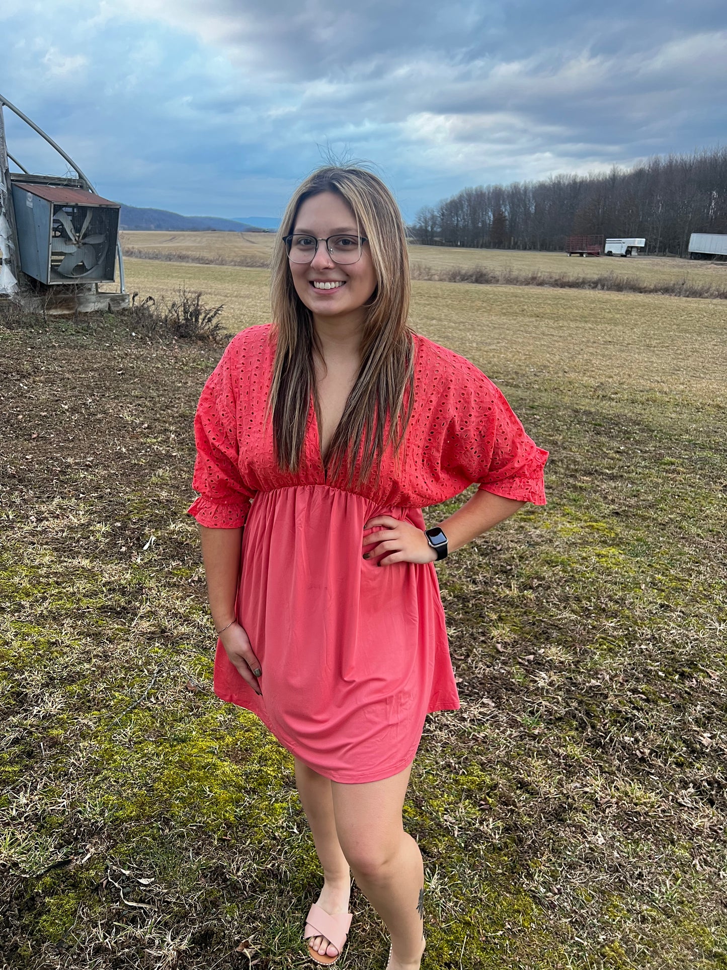 coral eyelet dress