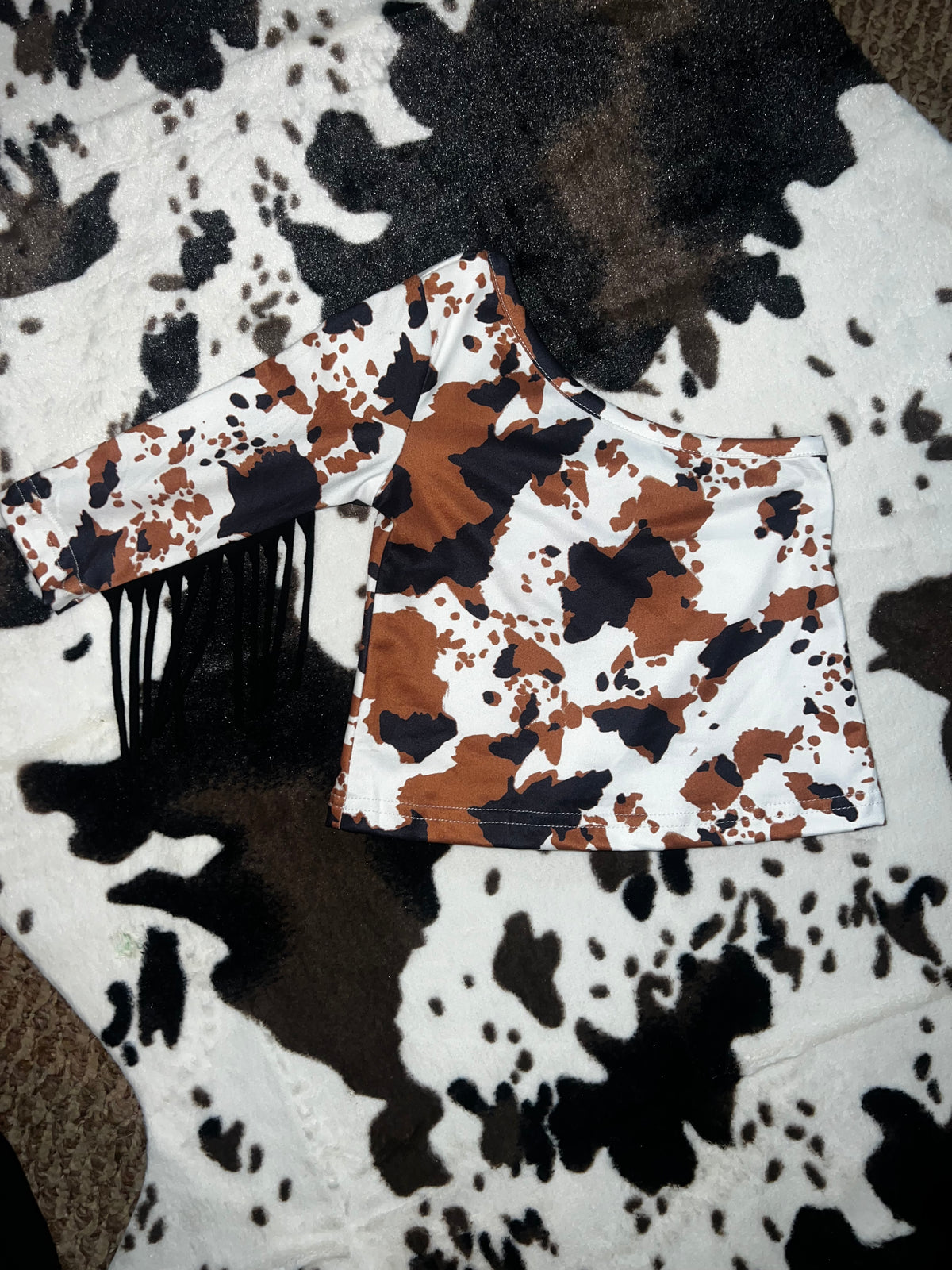 GIRLS fringe cowprint top