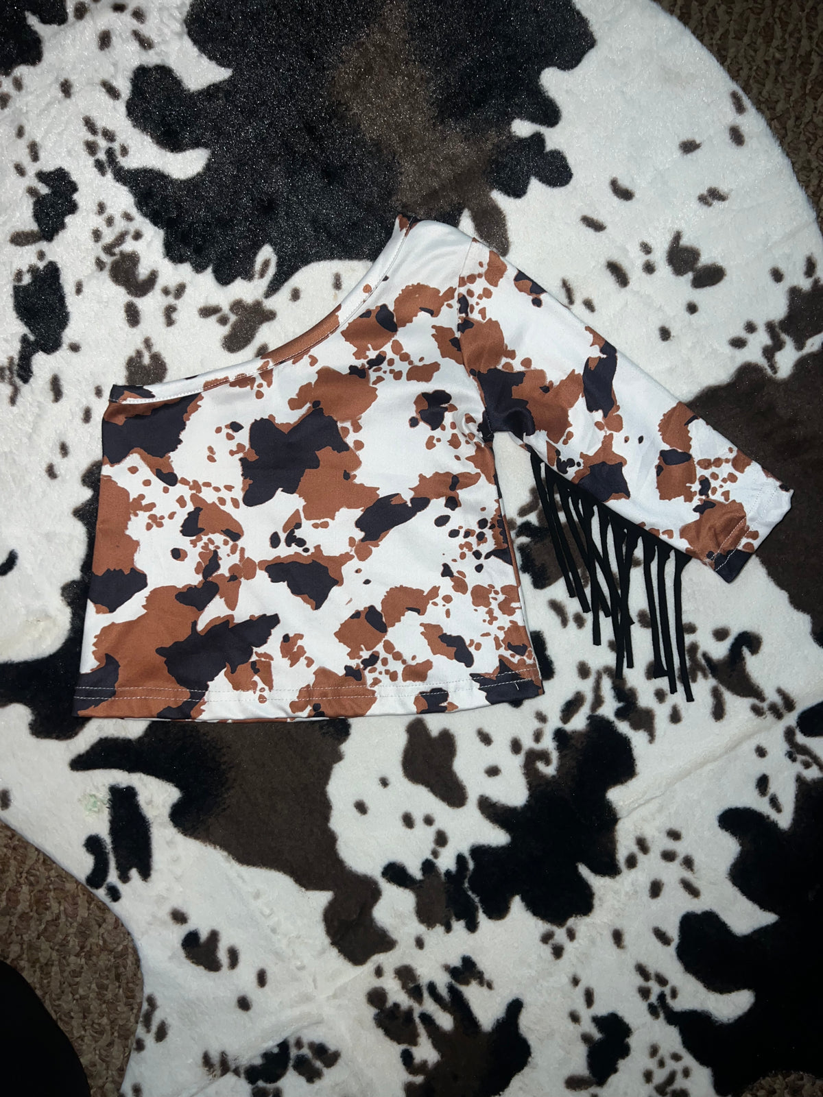 GIRLS fringe cowprint top
