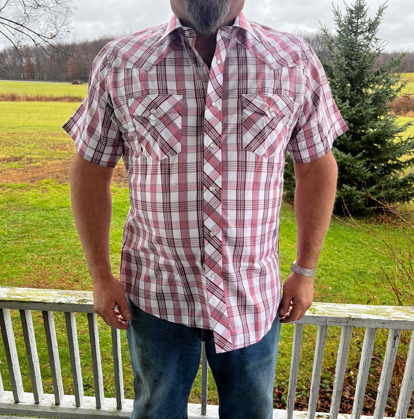 MENS red pearl snap shirt