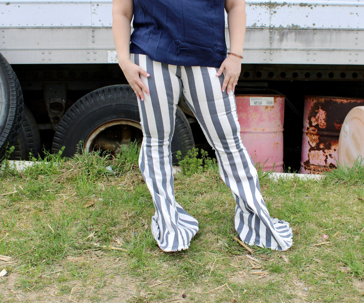 Grey & white striped bell bottoms